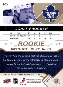 2008-09 SP Game Used - Gold #165 Jonas Frogren  Back