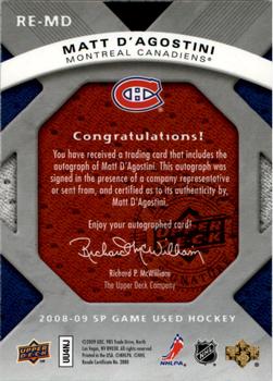 2008-09 SP Game Used - Rookie Exclusive Autographs #RE-MD Matt D'Agostini  Back