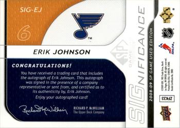 2008-09 SP Game Used - SIGnificance #SIG-EJ Erik Johnson  Back