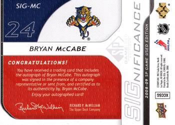 2008-09 SP Game Used - SIGnificance #SIG-MC Bryan McCabe  Back