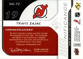 2008-09 SP Game Used - SIGnificance #SIG-TZ Travis Zajac  Back