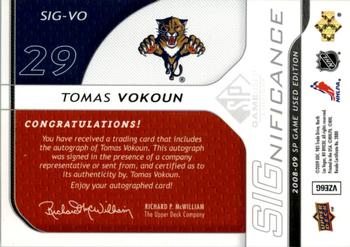 2008-09 SP Game Used - SIGnificance #SIG-VO Tomas Vokoun  Back
