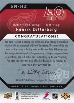 2008-09 SP Game Used - SIGnificant Numbers #SN-HZ Henrik Zetterberg Back