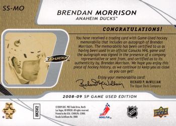 2008-09 SP Game Used - SIGnificant Swatches #SS-MO Brendan Morrison  Back