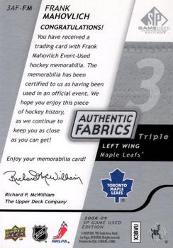 2008-09 SP Game Used - Authentic Fabrics Triple #3AF-FM Frank Mahovlich  Back