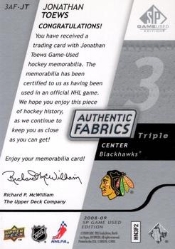 2008-09 SP Game Used - Authentic Fabrics Triple #3AF-JT Jonathan Toews  Back
