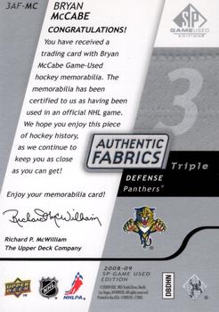 2008-09 SP Game Used - Authentic Fabrics Triple #3AF-MC Bryan McCabe  Back