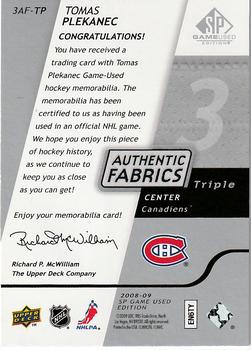 2008-09 SP Game Used - Authentic Fabrics Triple #3AF-TP Tomas Plekanec  Back