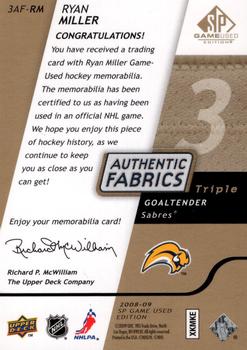 2008-09 SP Game Used - Authentic Fabrics Triple Gold #3AF-RM Ryan Miller  Back