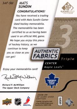 2008-09 SP Game Used - Authentic Fabrics Triple Gold #3AF-SU Mats Sundin  Back