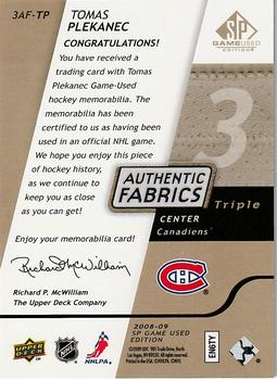 2008-09 SP Game Used - Authentic Fabrics Triple Gold #3AF-TP Tomas Plekanec  Back