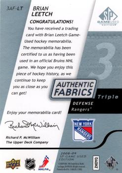2008-09 SP Game Used - Authentic Fabrics Triple Platinum - Jersey Patch #3AF-LT Brian Leetch  Back