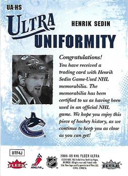 2008-09 Ultra - Ultra Uniformity #UA-HS Henrik Sedin Back
