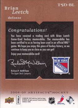 2008-09 Upper Deck Artifacts - Treasured Swatches Dual #TSD-BL Brian Leetch  Back