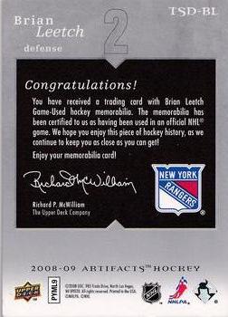 2008-09 Upper Deck Artifacts - Treasured Swatches Dual Silver #TSD-BL Brian Leetch  Back