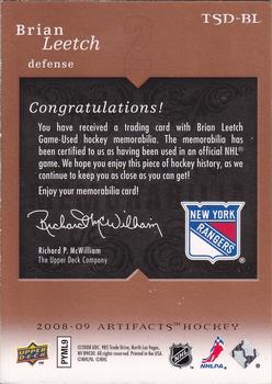 2008-09 Upper Deck Artifacts - Treasured Swatches Jersey / Patch Combo #TSD-BL Brian Leetch  Back