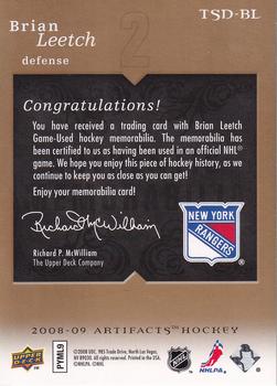 2008-09 Upper Deck Artifacts - Treasured Swatches Jersey / Patch Combo Gold #TSD-BL Brian Leetch  Back
