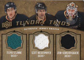 2008-09 Upper Deck Artifacts - Tundra Trios Gold #T3-SNG Teemu Selanne / Scott Niedermayer / Jean-Sebastien Giguere  Front