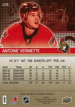 2008-09 Upper Deck Be a Player - Player's Club #126 Antoine Vermette  Back