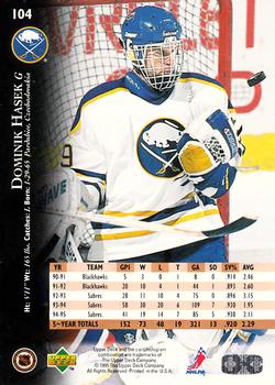 1995-96 Upper Deck #104 Dominik Hasek Back