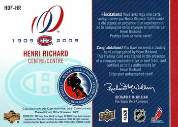 2008-09 Upper Deck Montreal Canadiens Centennial - HOF Induction INKS #HOF-HR Henri Richard Back