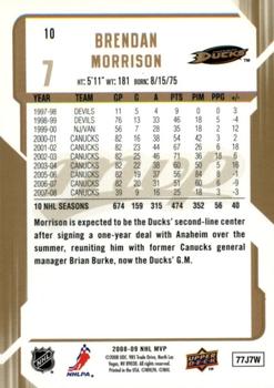 2008-09 Upper Deck MVP - Gold Script #10 Brendan Morrison  Back