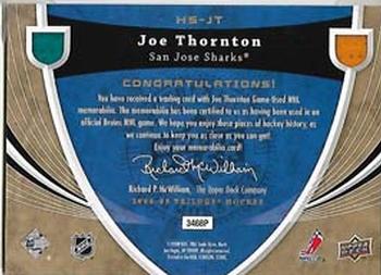 2008-09 Upper Deck Trilogy - Honorary Swatches #HS-JT Joe Thornton  Back