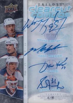 2008-09 Upper Deck Trilogy - Quad Clearcut Autographs #T4-FKGM Wayne Gretzky / Mark Messier / Jari Kurri / Grant Fuhr  Front