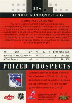 2005-06 Fleer Hot Prospects - Red Hot #254 Henrik Lundqvist Back