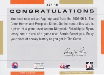 2005-06 In The Game Heroes and Prospects - Aspiring #ASP-10 Antero Niittymaki / Bernie Parent Back