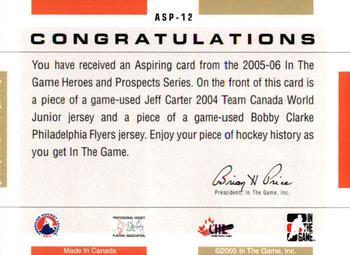 2005-06 In The Game Heroes and Prospects - Aspiring #ASP-12 Jeff Carter / Bobby Clarke Back