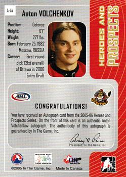 2005-06 In The Game Heroes and Prospects - Autographs #A-AV Anton Volchenkov Back