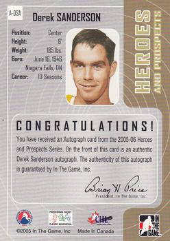 2005-06 In The Game Heroes and Prospects - Autographs #A-DSA Derek Sanderson Back