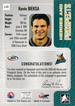 2005-06 In The Game Heroes and Prospects - Autographs #A-KBI Kevin Bieksa Back