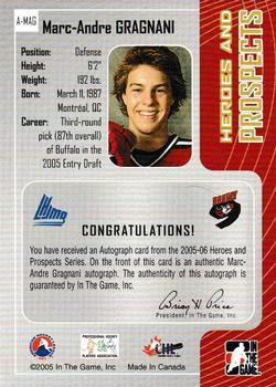 2005-06 In The Game Heroes and Prospects - Autographs #A-MAG Marc-Andre Gragnani Back