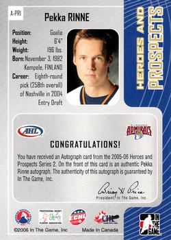 2005-06 In The Game Heroes and Prospects - Autographs #A-PRI Pekka Rinne Back