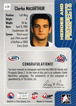 2005-06 In The Game Heroes and Prospects - Autographs Series II #A-CM Clarke MacArthur Back