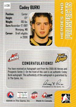 2005-06 In The Game Heroes and Prospects - Autographs Series II #A-CBK Codey Burki Back