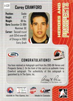 2005-06 In The Game Heroes and Prospects - Autographs Series II #A-CCR Corey Crawford Back