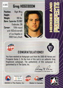 2005-06 In The Game Heroes and Prospects #A-GHO Greg Hogeboom Back
