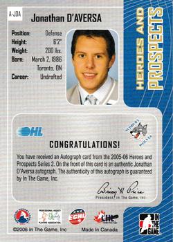 2005-06 In The Game Heroes and Prospects - Autographs Series II #A-JDA Jonathan D'Aversa Back