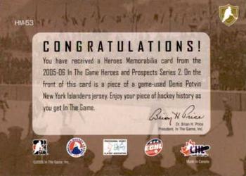 2005-06 In The Game Heroes and Prospects - Hero Memorabilia #HM-53 Denis Potvin Back