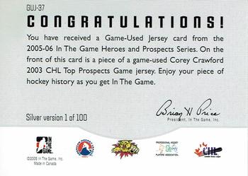 2005-06 In The Game Heroes and Prospects - Jerseys #GUJ-37 Corey Crawford Back