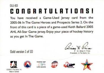 2005-06 In The Game Heroes and Prospects - Jerseys Gold #GUJ-83 Keith Ballard Back