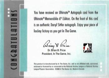 2005-06 In The Game Ultimate Memorabilia Level 2 - Ultimate Autos #NNO Darryl Sittler Back
