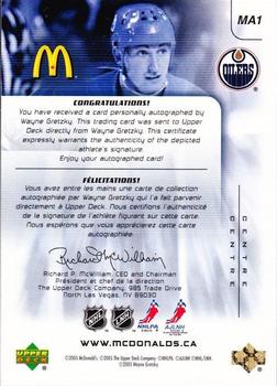 2005-06 Upper Deck McDonald's - Autographs #MA1 Wayne Gretzky Back