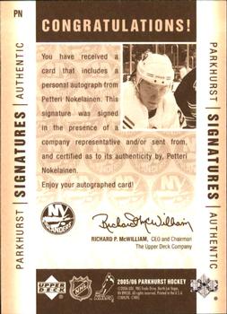 2005-06 Parkhurst - Authentic Signatures #PN Petteri Nokelainen Back