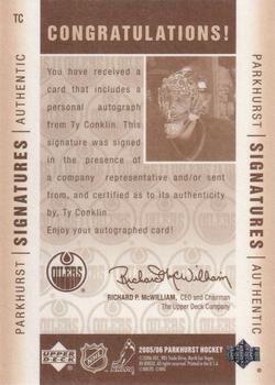 2005-06 Parkhurst - Authentic Signatures #TC Ty Conklin Back