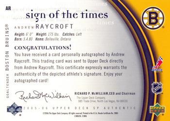 2005-06 SP Authentic - Sign of the Times #AR Andrew Raycroft Back