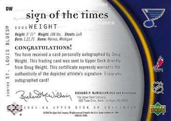 2005-06 SP Authentic - Sign of the Times #DW Doug Weight Back